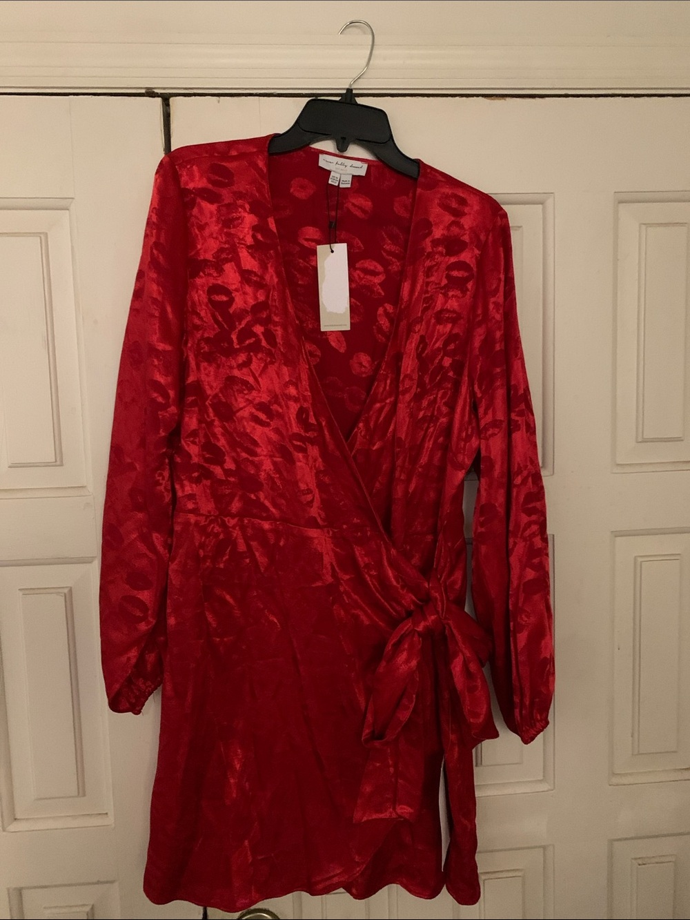 Red Satin Wrap Long-Sleeve Dress with Side Tie